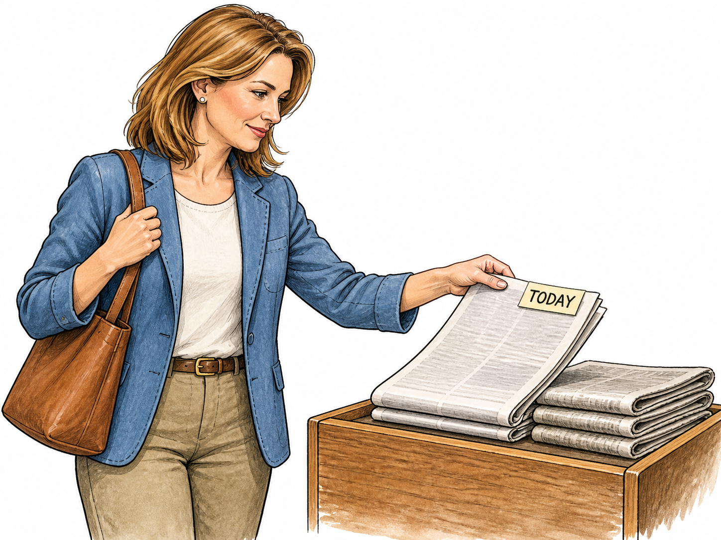 An adult selects the newest newspaper beside older folded copies, with a small essential TODAY date tag on the fresh issue; no headlines or article text.