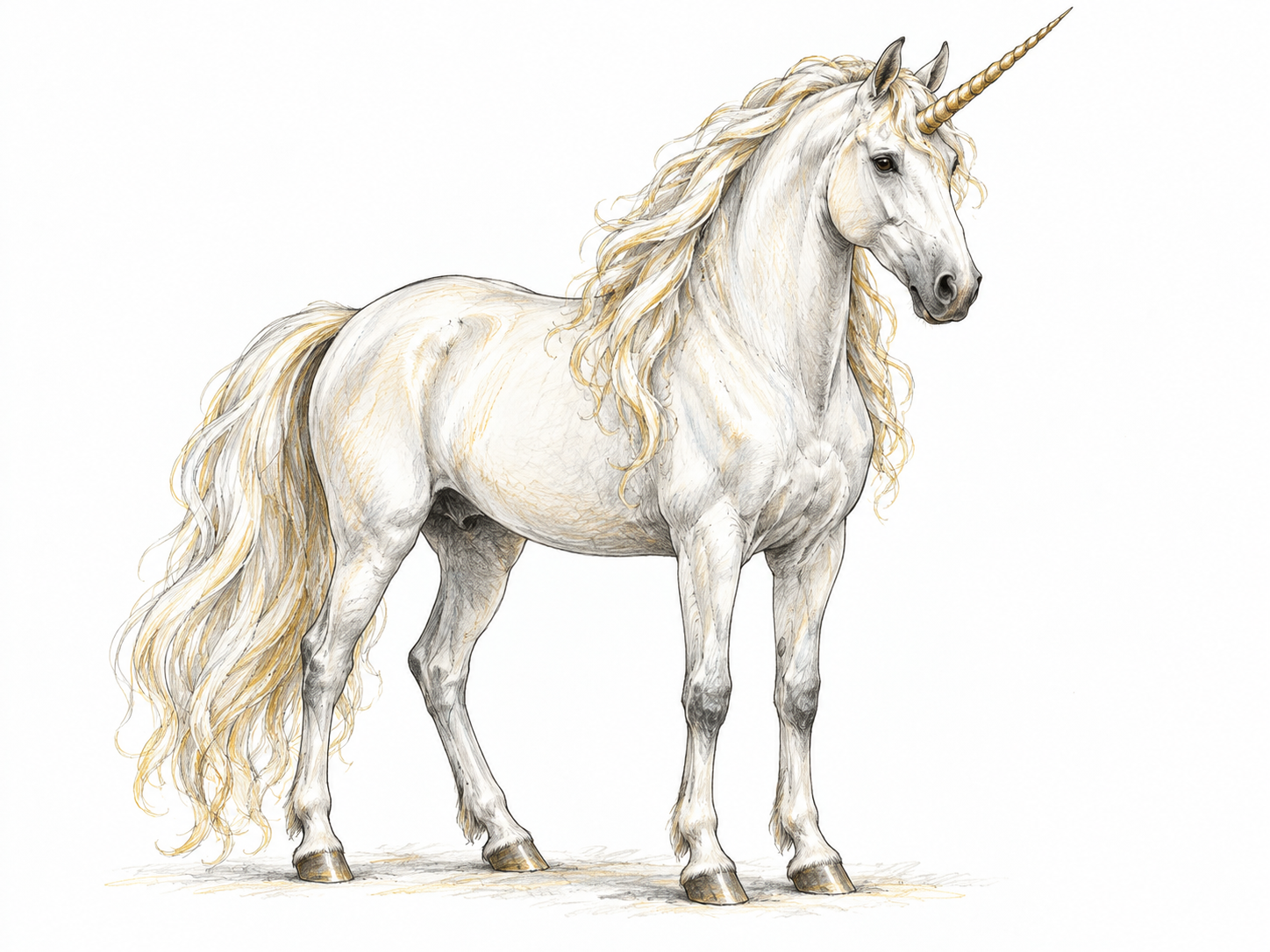 Mythical white horse with exactly one long spiraled horn centered on forehead, elegant natural horse anatomy, four legs and mane, standing calmly in profile-three-quarter view on white.
