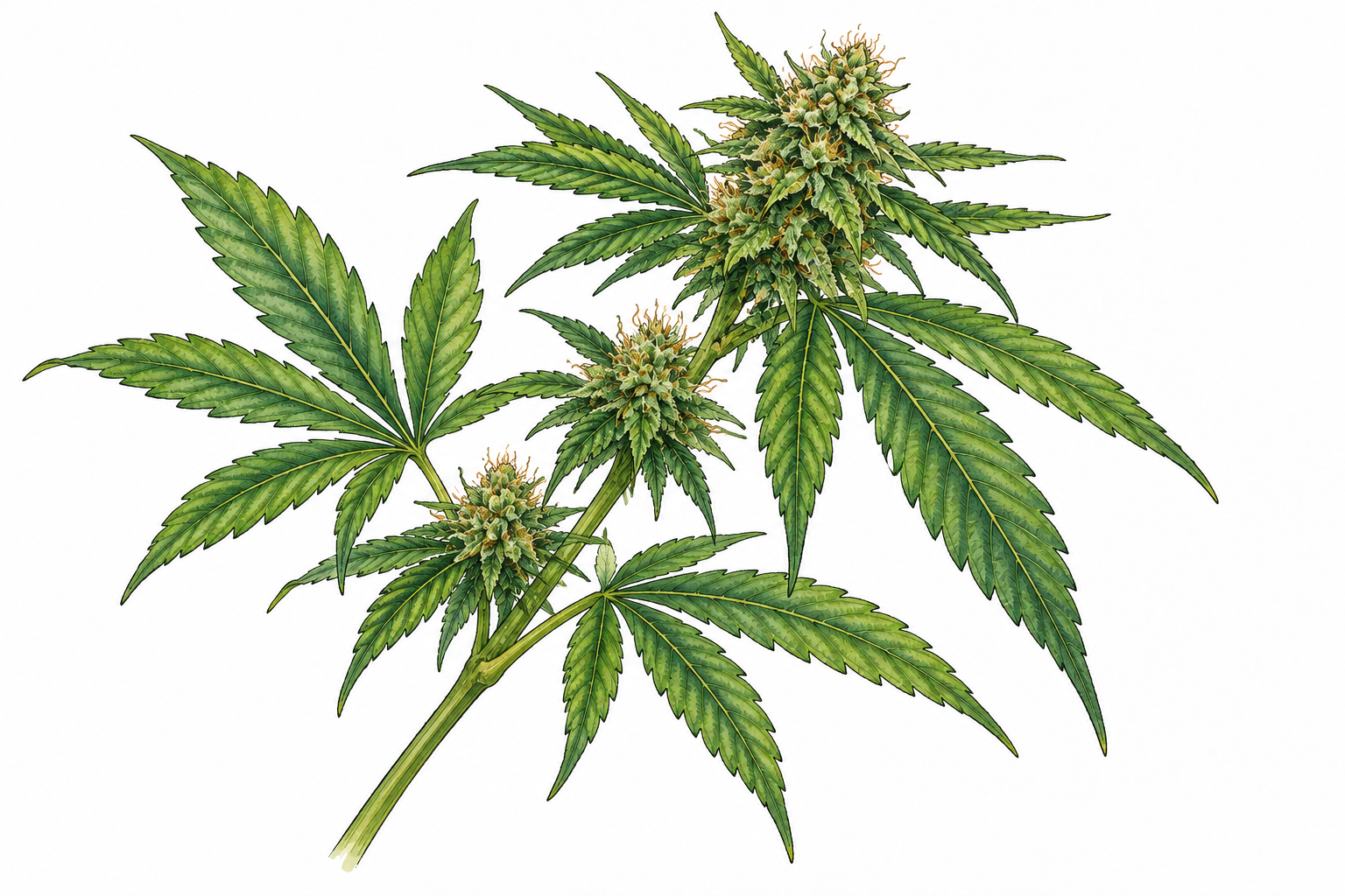 An accurate cannabis plant branch with serrated palmate leaves, neutral botanical illustration, no consumption or products.