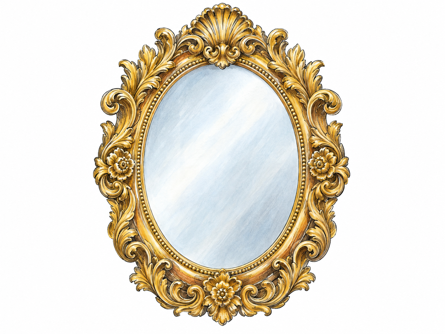 A single richly ornamented gilt mirror with a broad frame densely carved with curling leaves, flowers, scrolls, and a shell crest, making elaborate decoration immediately visible.