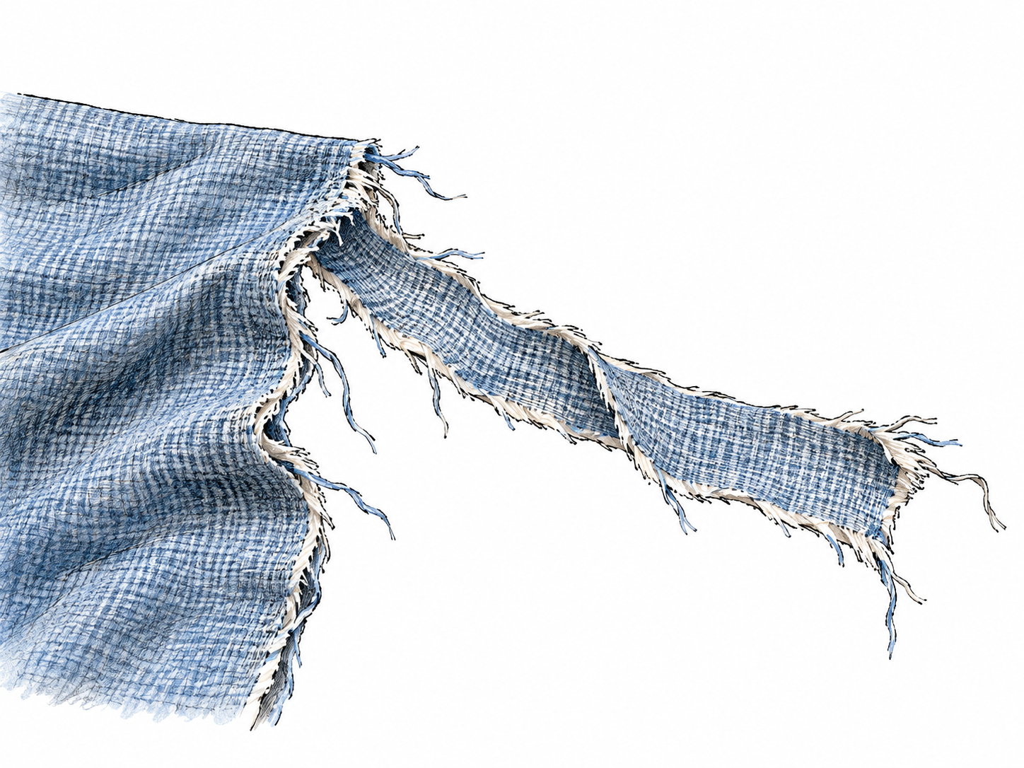A single narrow ragged strip torn from a larger piece of cloth, frayed edge clearly connects it to the remaining fabric.