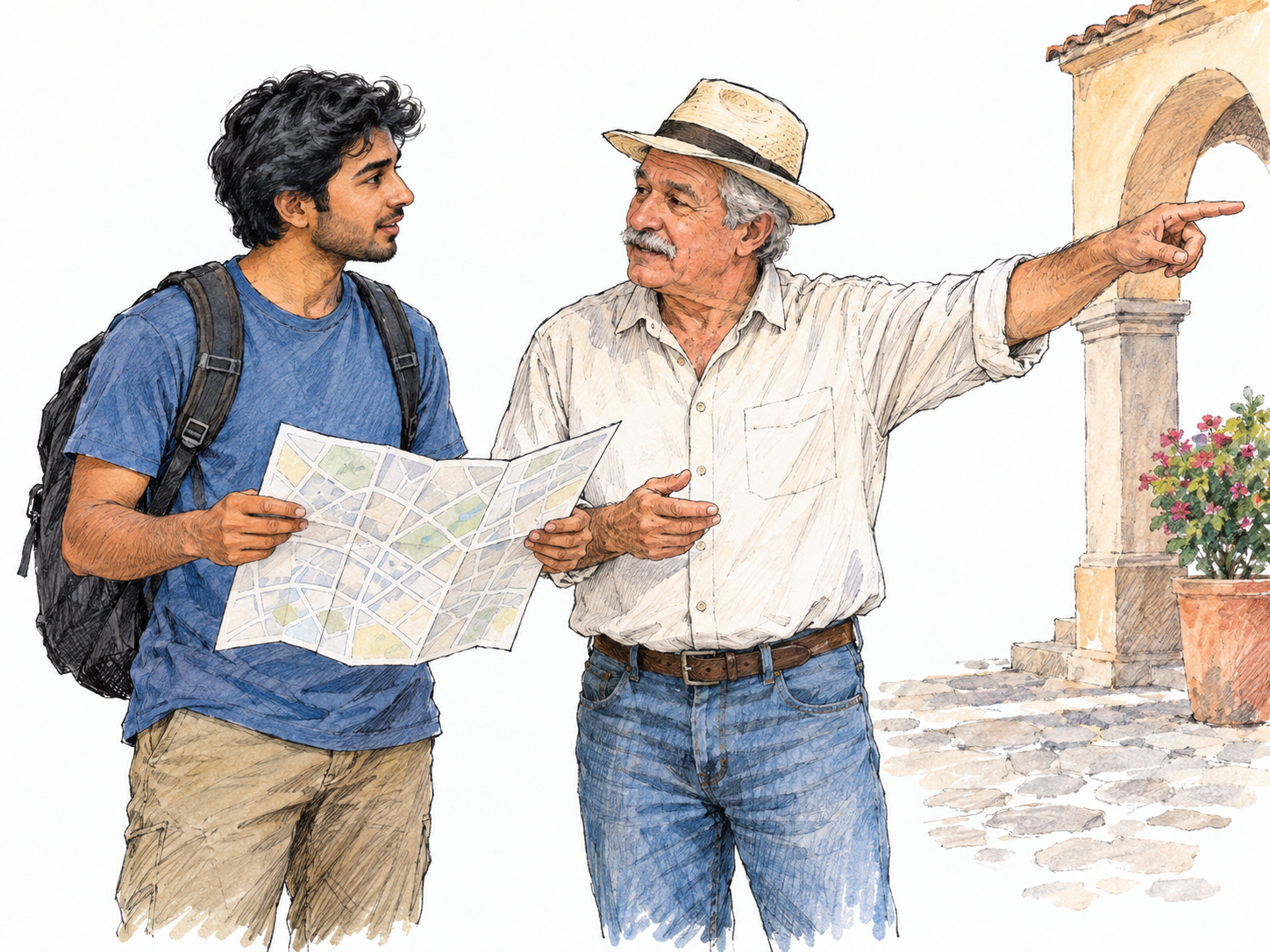 A young American visitor asks an older local resident for directions in a Mexican town plaza, illustrating a foreigner visiting Latin America.