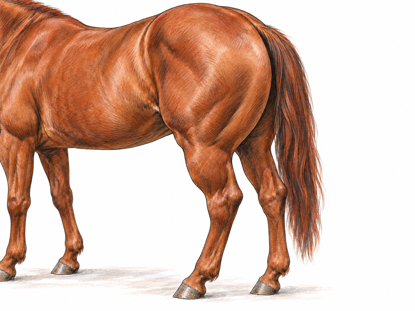 A close three-quarter rear view of a horse, emphasizing the rounded hip, buttock, and muscular upper thigh that form its haunch.