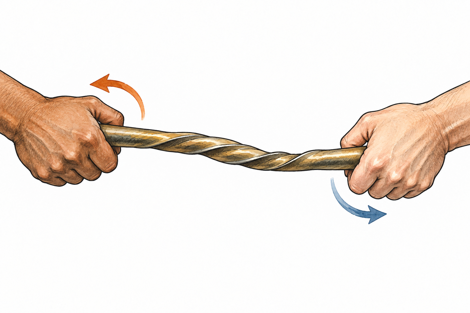 A flexible rod is twisted by opposing hands at its ends, two small opposing curved arrows, no words.