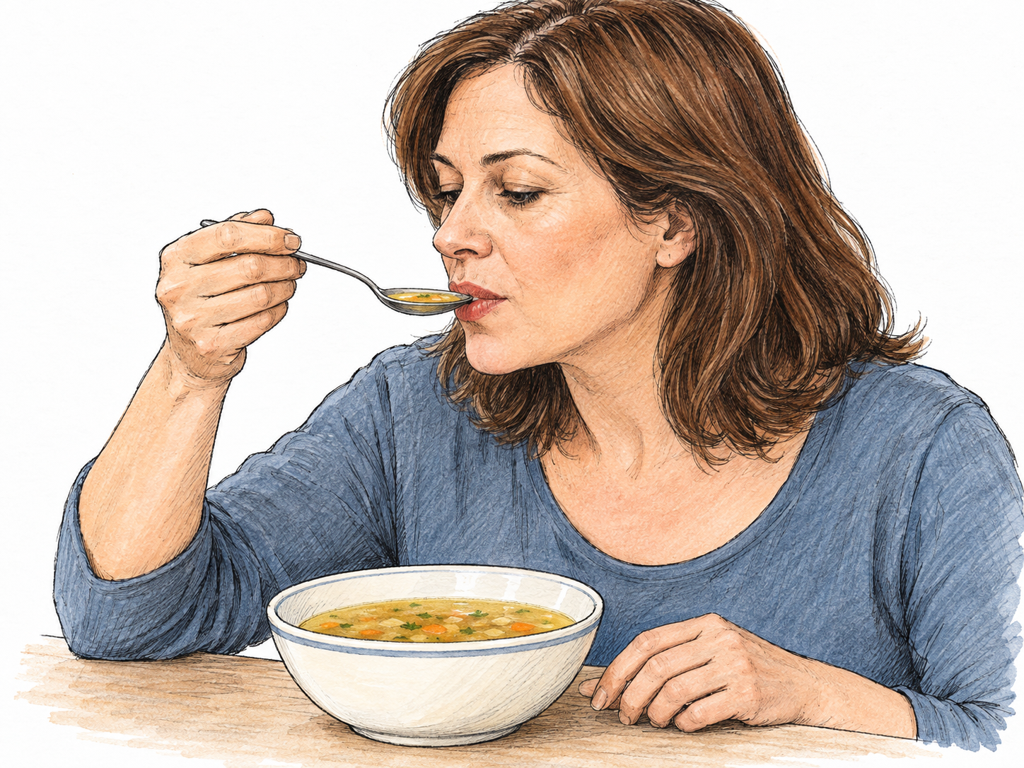 A woman takes a small spoonful of soup from a bowl, showing eating in small amounts through the modest portion and spoon touching her lips.