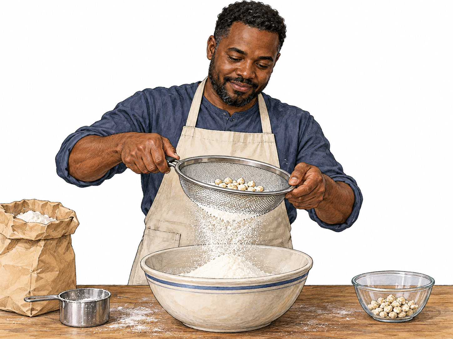 A baker shakes flour through a sieve into a bowl, with larger bits left behind; hands and mesh mechanically plausible.