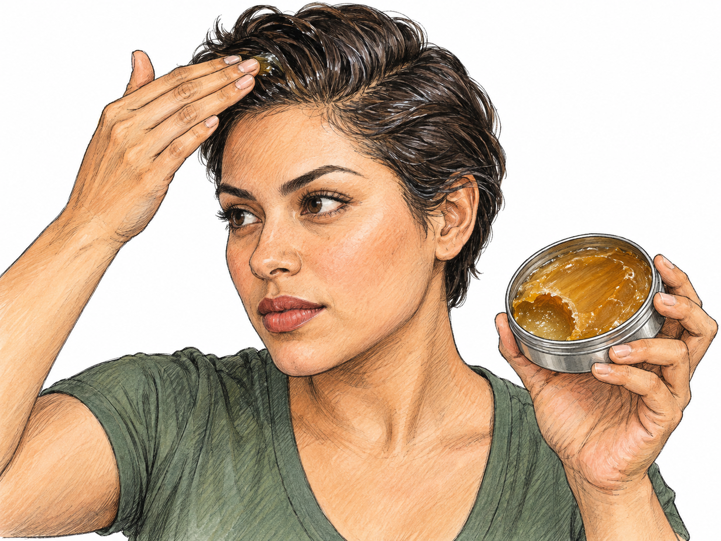 A woman applies a small dab of thick, glossy pomade to her short hair, with an open tin of the greasy styling substance prominently visible in her other hand.