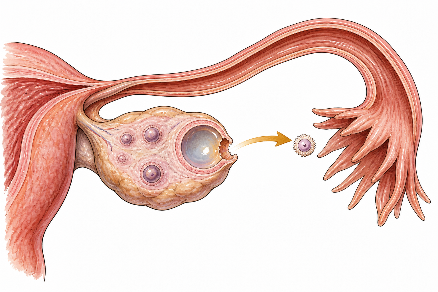 Educational diagram of one mature follicle releasing an egg from ovary toward fimbriae, one clear directional arrow.