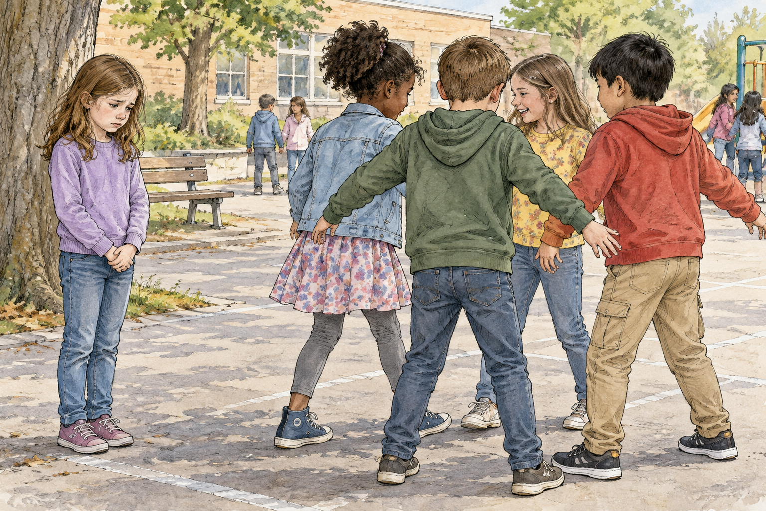 School-age children deliberately exclude a classmate from their game by turning away and blocking the circle, excluded child looks sad, emotional cruelty without injury.