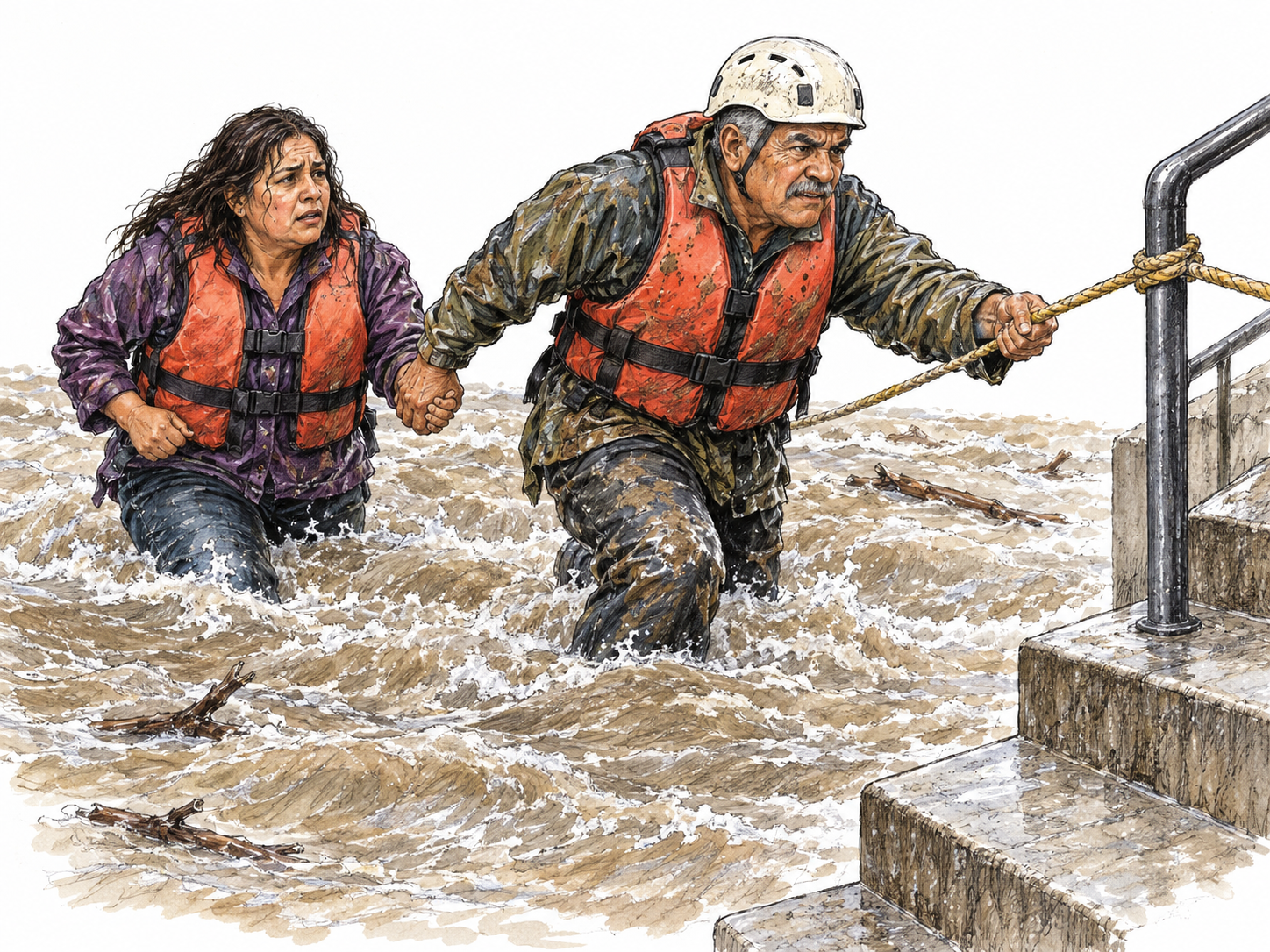 A weather-beaten older rescuer presses forward through dangerous floodwater, guiding a stranded woman toward dry steps despite the strong current.