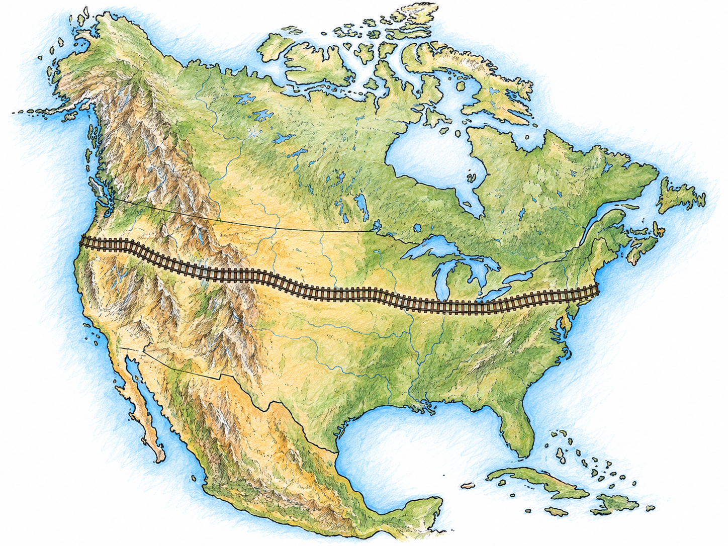 An unlabeled map of North America with one continuous railway spanning the landmass from the Pacific coast to the Atlantic coast.