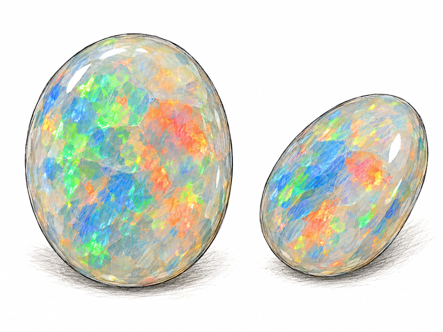 A large polished oval opal with a milky translucent body and irregular internal flashes of green, blue, orange and red.