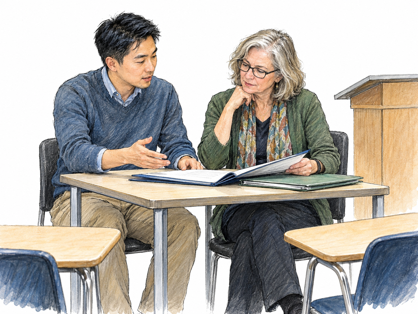 Two college instructors confer over teaching materials at a small table beside a classroom lectern, presenting faculty as a collective teaching staff.