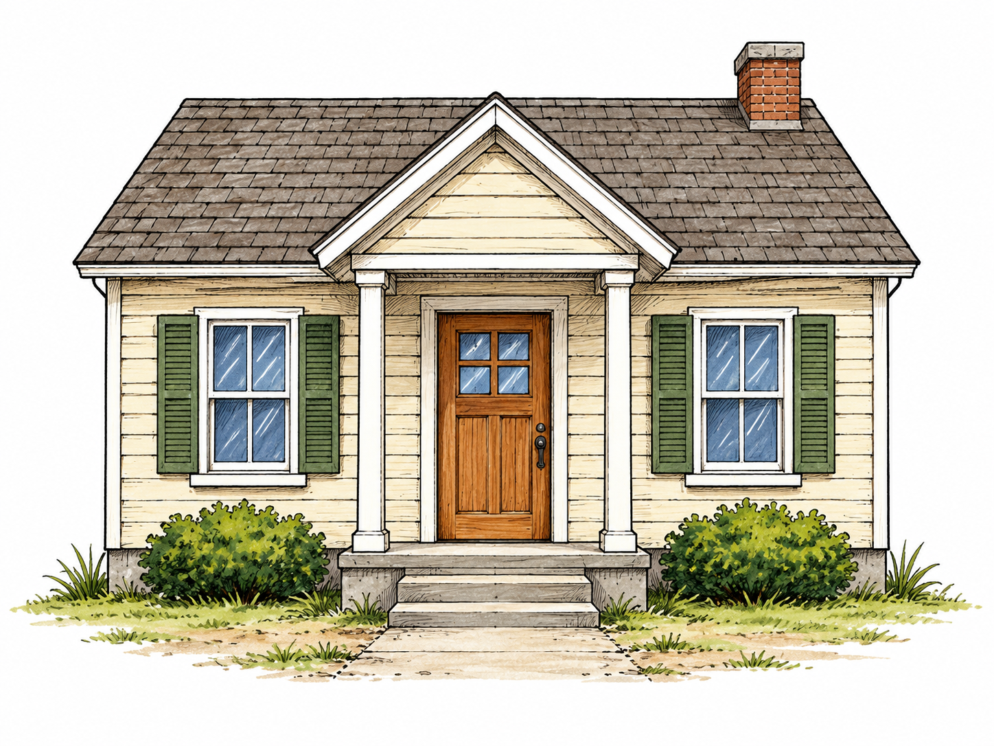 An isolated small house is shown from the front, with entrance door and forward-facing windows prominent; sparse ground only.
