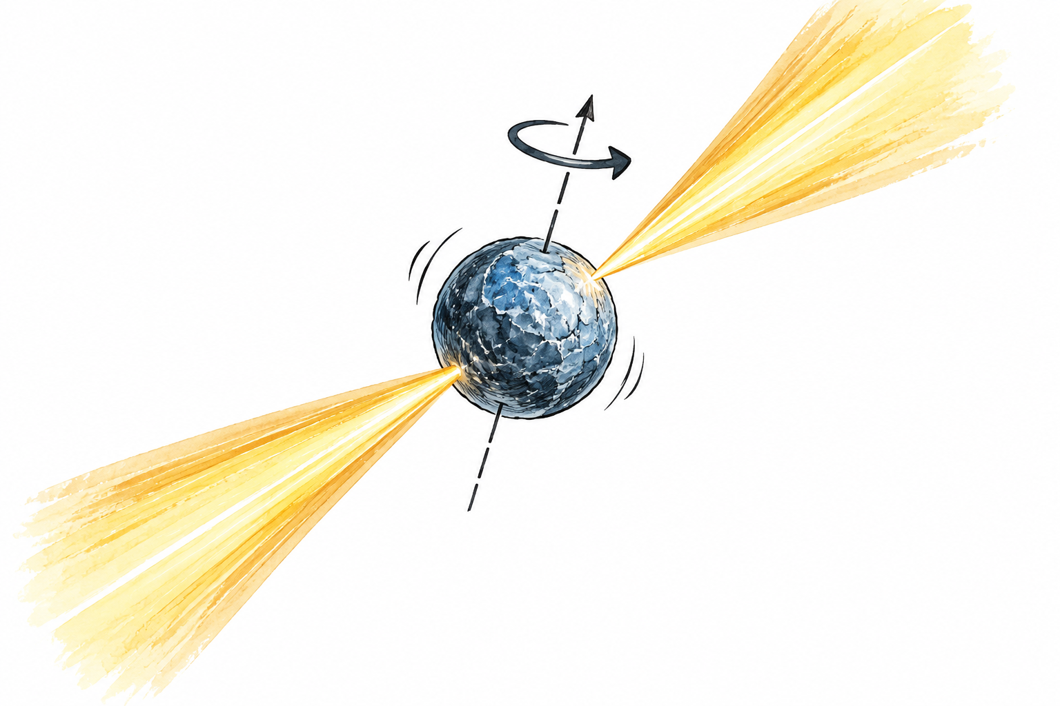 Scientific schematic of a small rotating neutron star with two opposite narrow radiation beams and an offset rotation axis; clear curved rotation arrow.