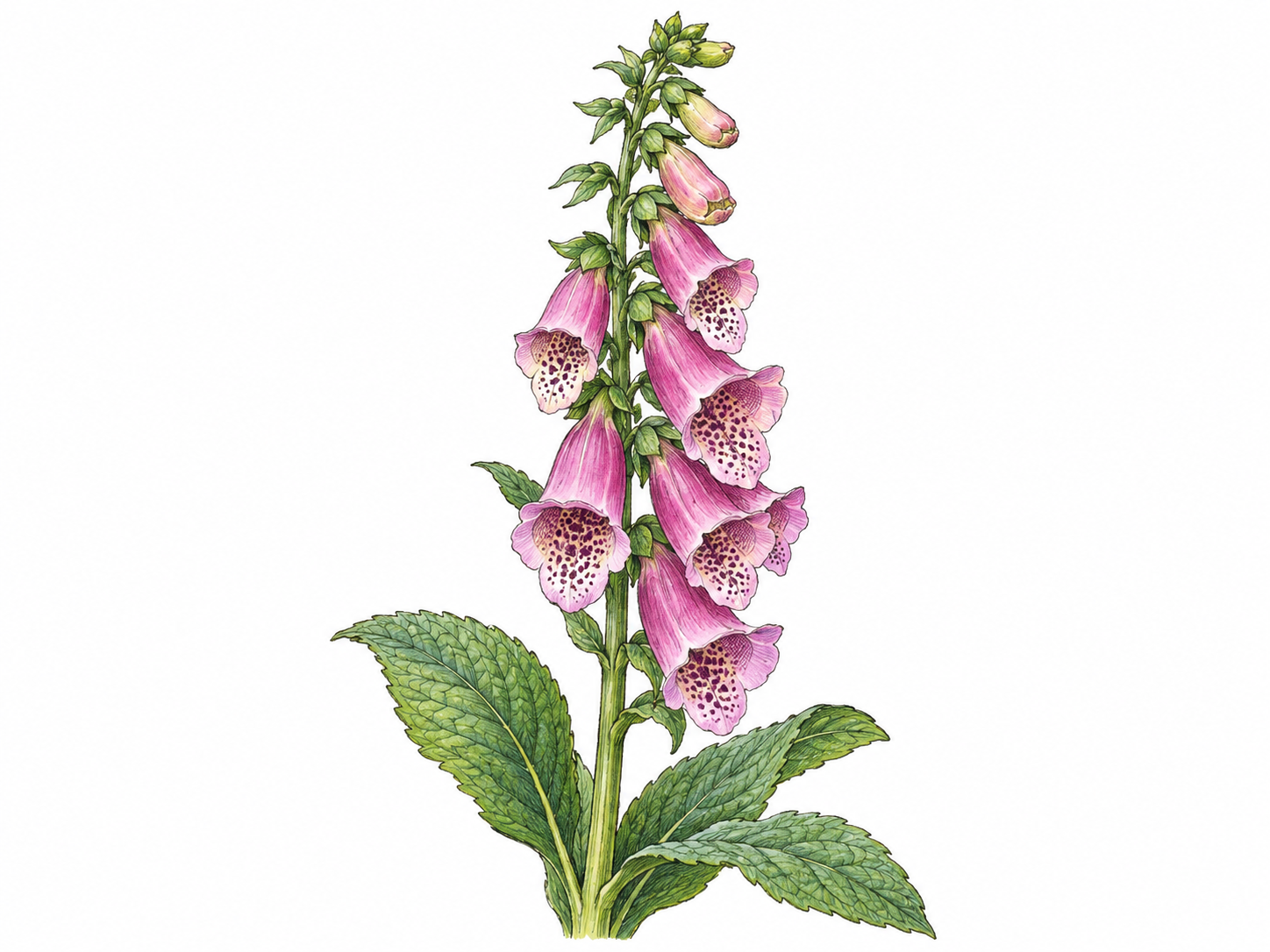 A foxglove stalk bears pendant tubular bell-like flowers with speckled throats and broad lower leaves; accurate plant form, no consumption or remedy implication.