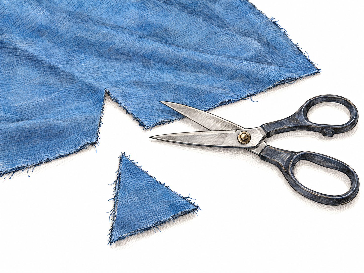 A small irregular scrap of blue fabric lies beside a much larger matching fabric panel with a freshly cut notch; open sewing scissors make its leftover origin immediately legible.