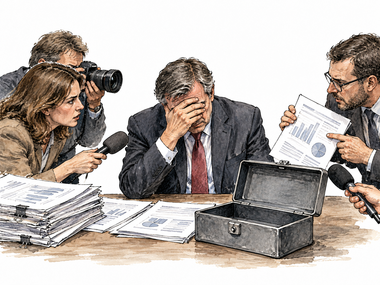 A public official looks ashamed as reporters examine evidence of misused public funds, abstract documents and empty cashbox.