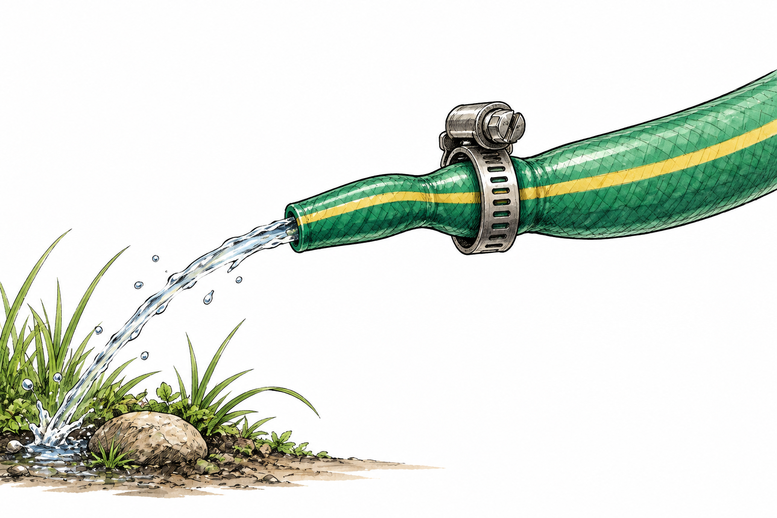 Flexible garden hose visibly pinched narrower by a clamp, reduced water stream emerges.