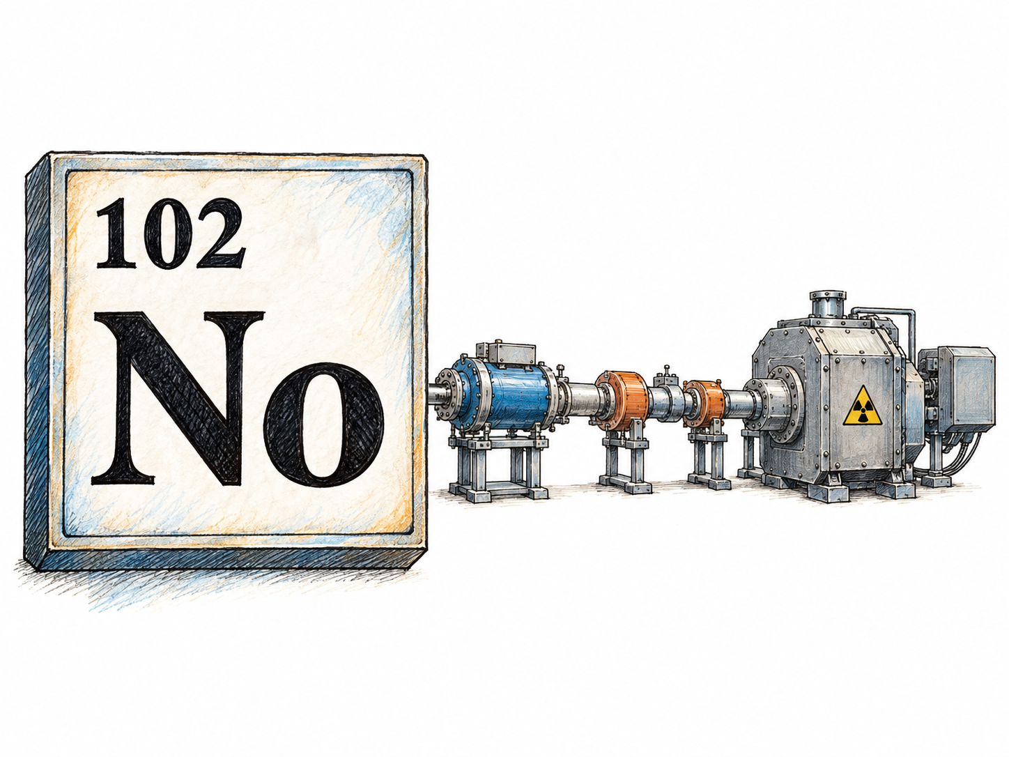 An isolated periodic-table tile bearing only the intrinsic chemical symbol No and atomic number 102, paired with a compact accelerator target-and-detector assembly.