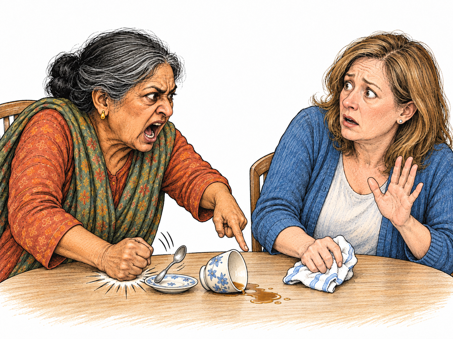 A visibly disproportionate tantrum over a tiny tea spill: one seated companion pounds the table and shouts while the other quietly dabs the puddle and recoils.