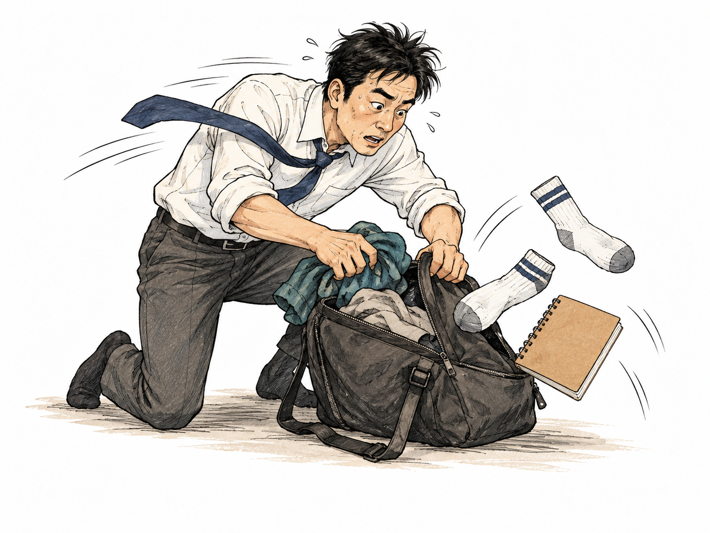 Adult rushes to pack bag so quickly that socks and a plain notebook tumble out, visible excessive haste.