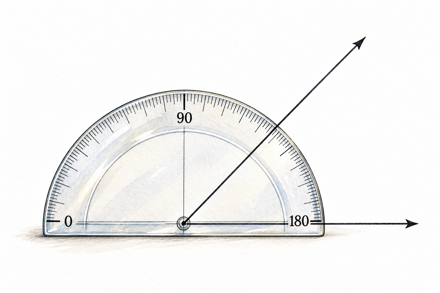 A transparent semicircular protractor laid over two drawn rays on paper, essential functional degree numerals only 0,90,180; no explanatory writing.
