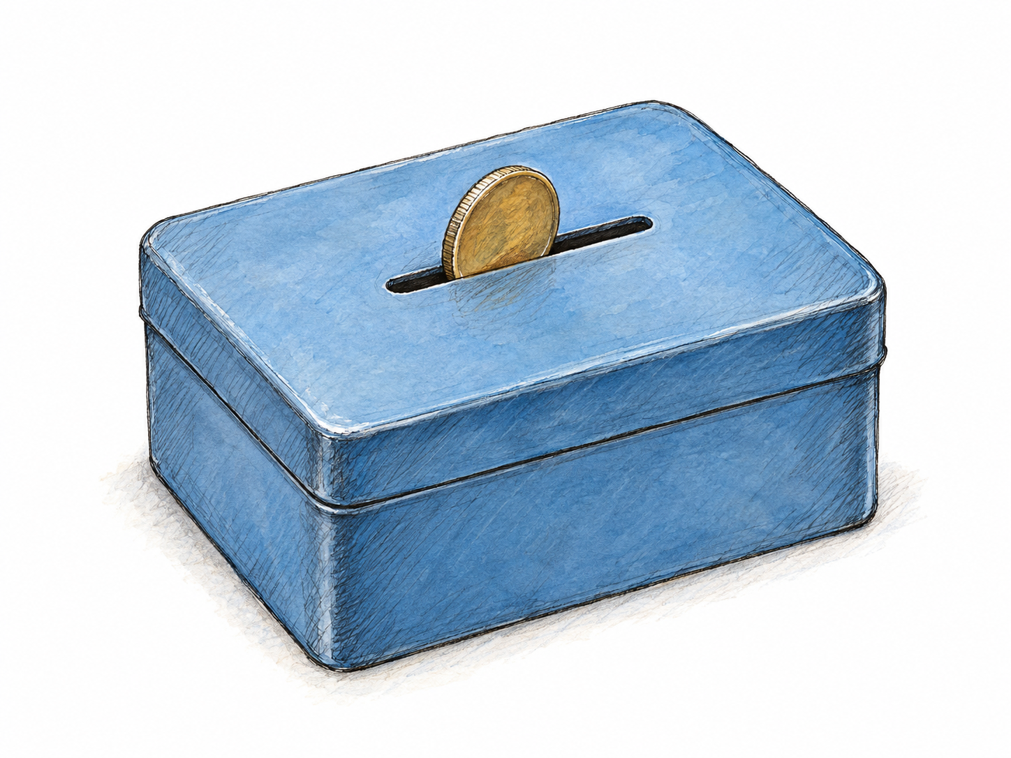 A plain coin box with a narrow slot in its lid, shown with one coin partly inserted to make the opening and its function immediately readable.
