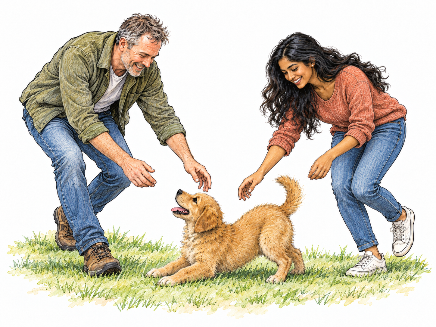 Two adults converge on a playful puppy, their steps, turned torsos, delighted faces and lowered hands visibly directed toward it, conveying being naturally drawn toward someone or something.