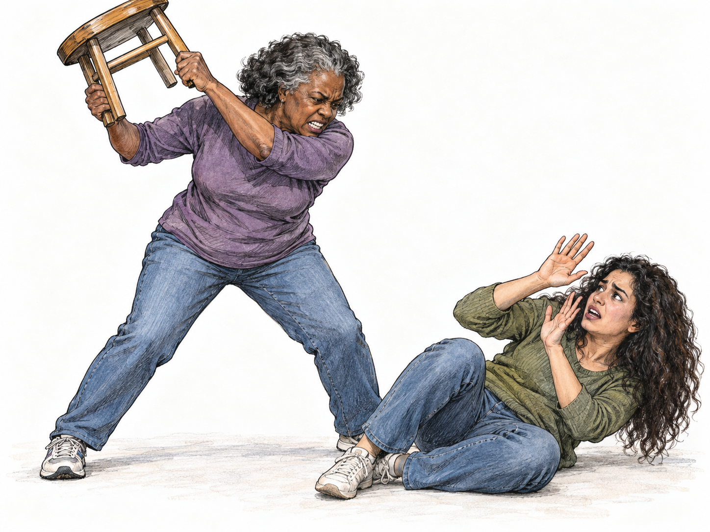 A visibly savage, one-sided attack: an adult raises a wooden stool to strike a defenseless person curled on the floor, whose open hands plead for the attack to stop.