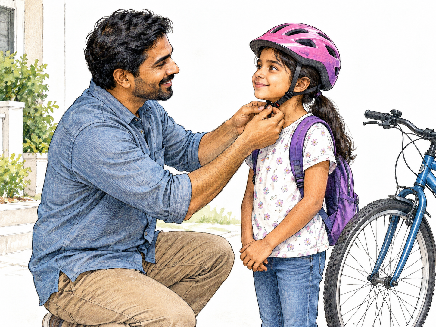 Adult securely fits a bicycle helmet on child before a ride, buckles chin strap correctly, bicycle wheel nearby; caring practical safety action.