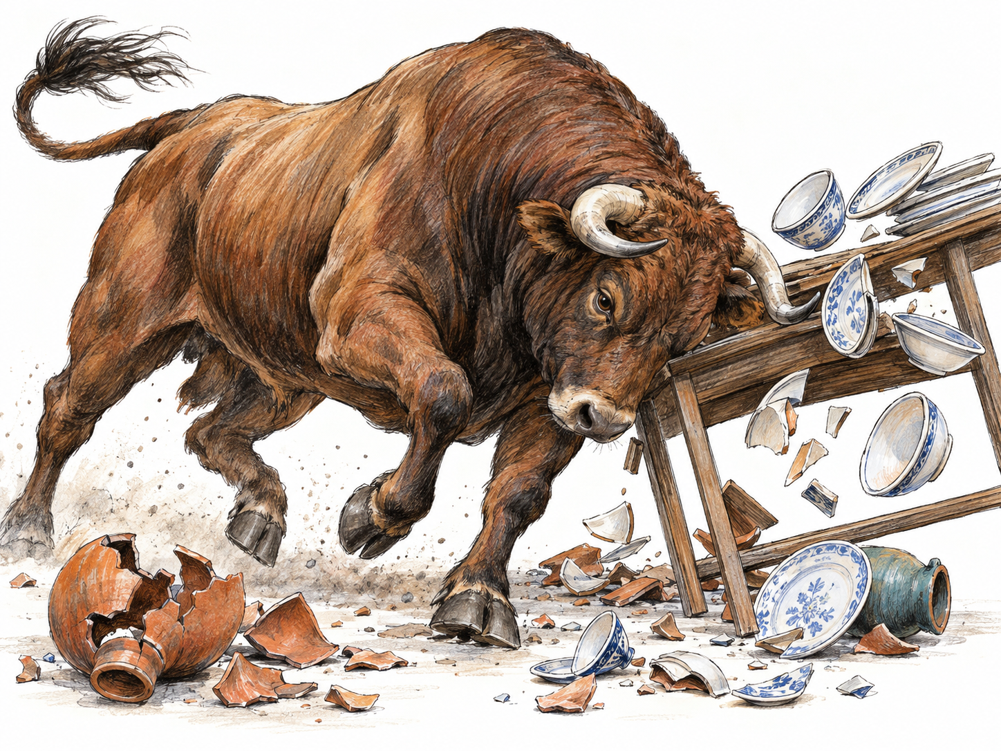 A bull runs amok through a crockery display, charging into a table as plates tumble and broken pots scatter beneath its hooves.