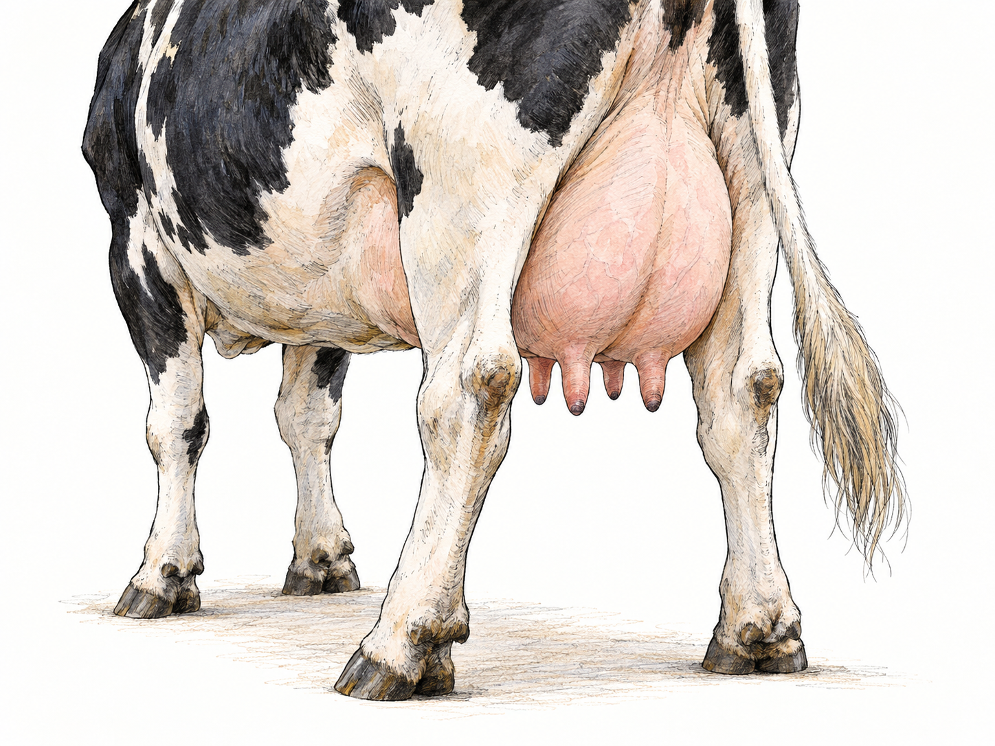 A close three-quarter rear view of a dairy cow, emphasizing its naturally attached udder and four teats between the hind legs.