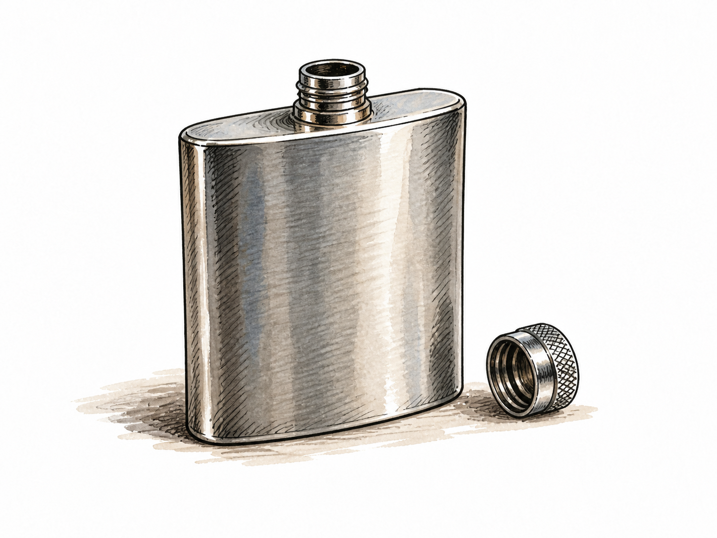 A small stainless steel hip flask with its screw cap beside it.
