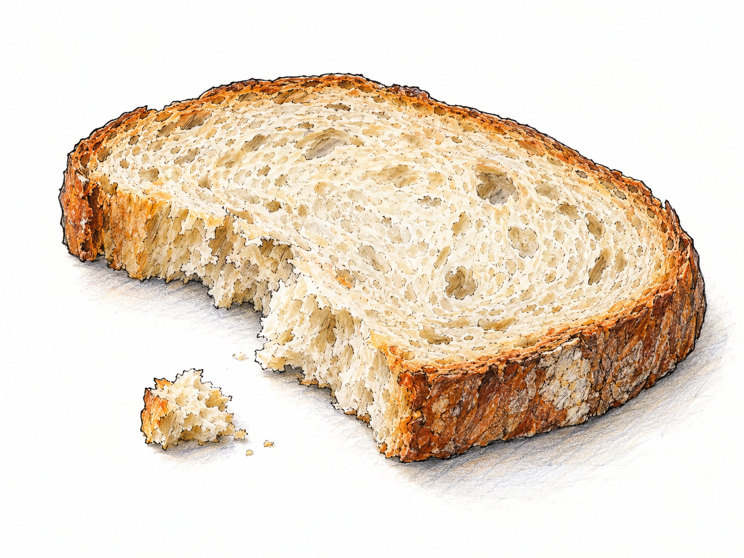 A close-up of a torn slice of bread with one small, irregular crumb clearly separated beside its broken edge.