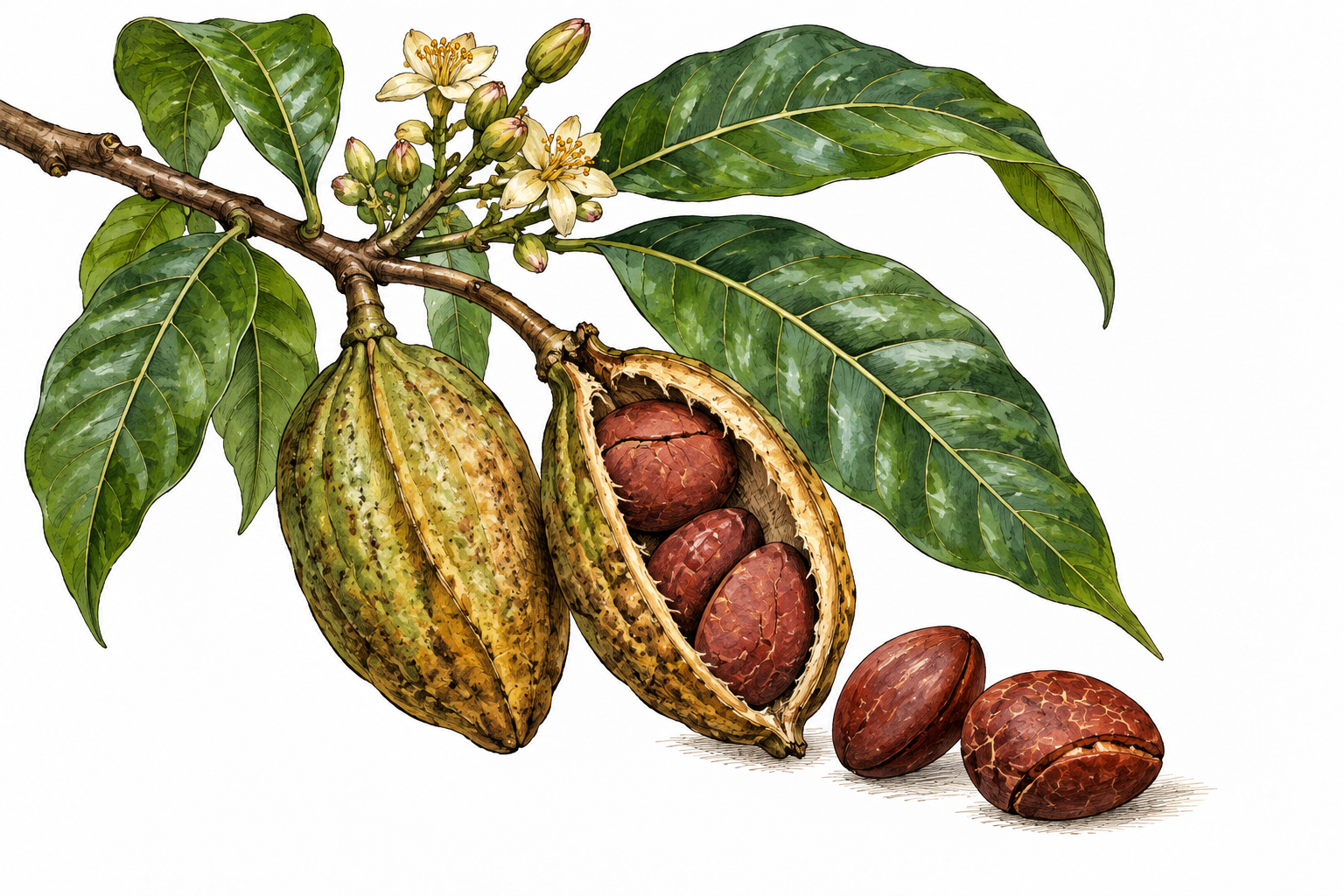 Botanical kola branch with pod and reddish-brown nuts.