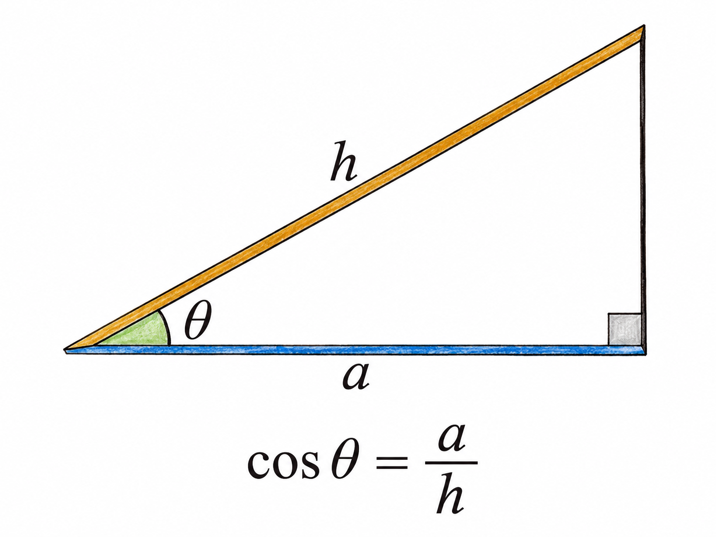 Exact right triangle: horizontal bottom side from left vertex to right-angle corner at lower right, vertical right side rises, diagonal hypotenuse closes triangle.