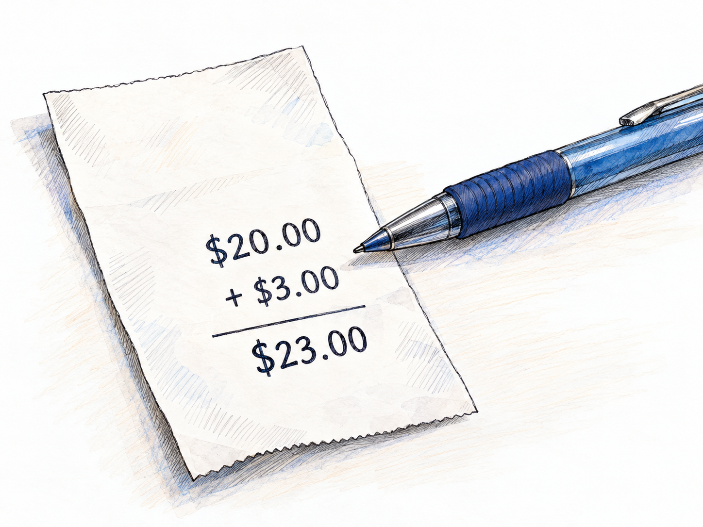 A close-up of a simple checkout receipt showing a usual charge, a smaller extra fee added beneath it, and the increased total.