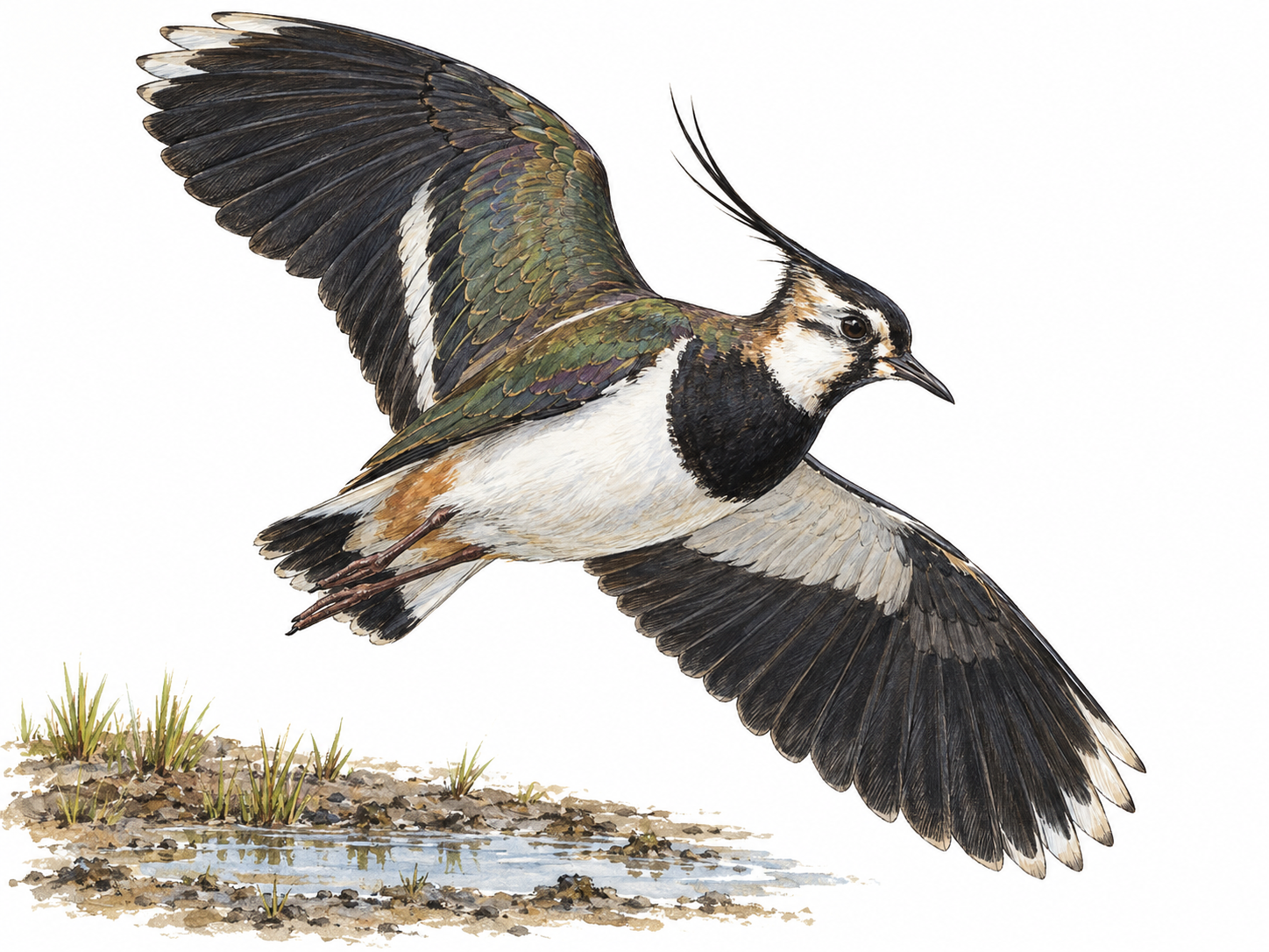 A northern lapwing banks low above a sparse muddy shoreline, displaying its slender crest, black-and-white plumage and broad, rounded wings in an asymmetric banking pose.