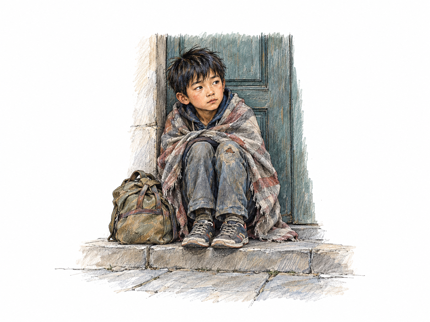 A child without shelter sits alone in a recessed outdoor doorway, using a worn blanket for warmth with a small bag of belongings beside him.
