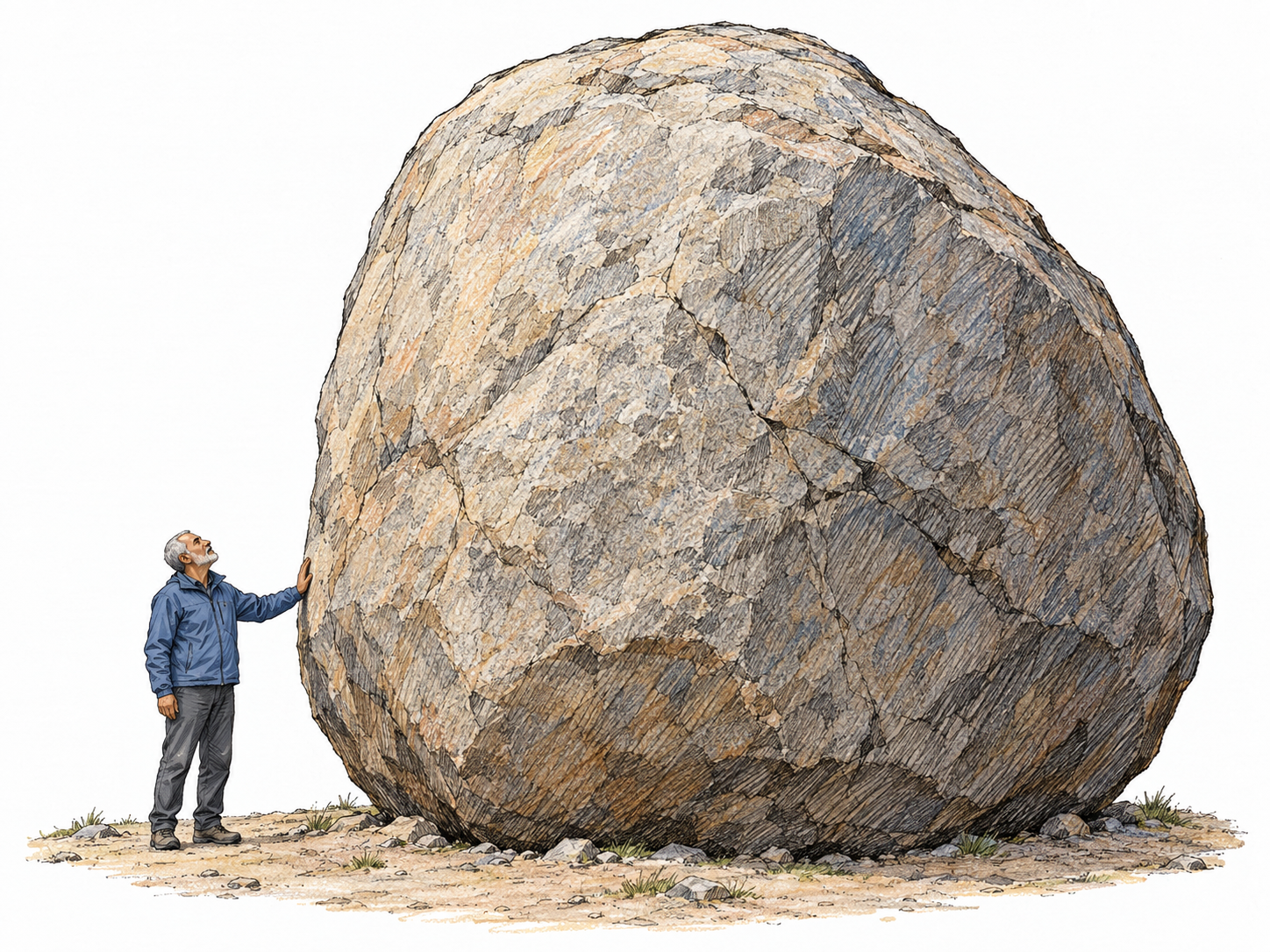 An enormous solid boulder dwarfs an older hiker standing beside it, making its immense size and bulk immediately visible.