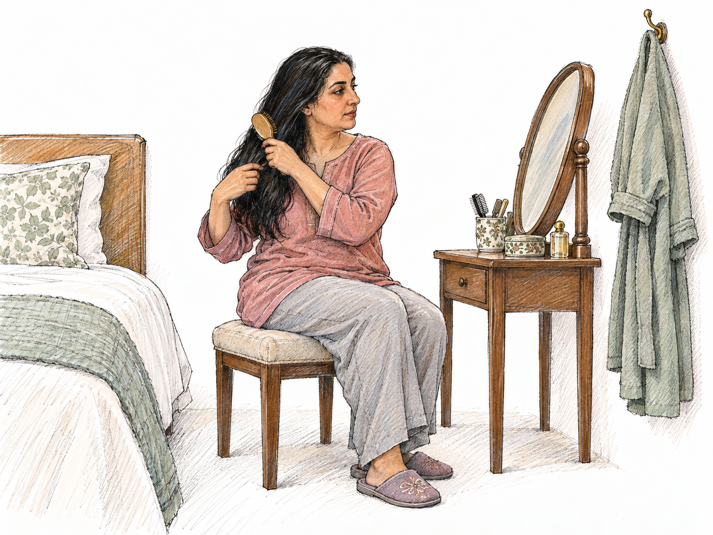 A middle-aged woman sits at a small vanity in her private dressing room, brushing her hair.