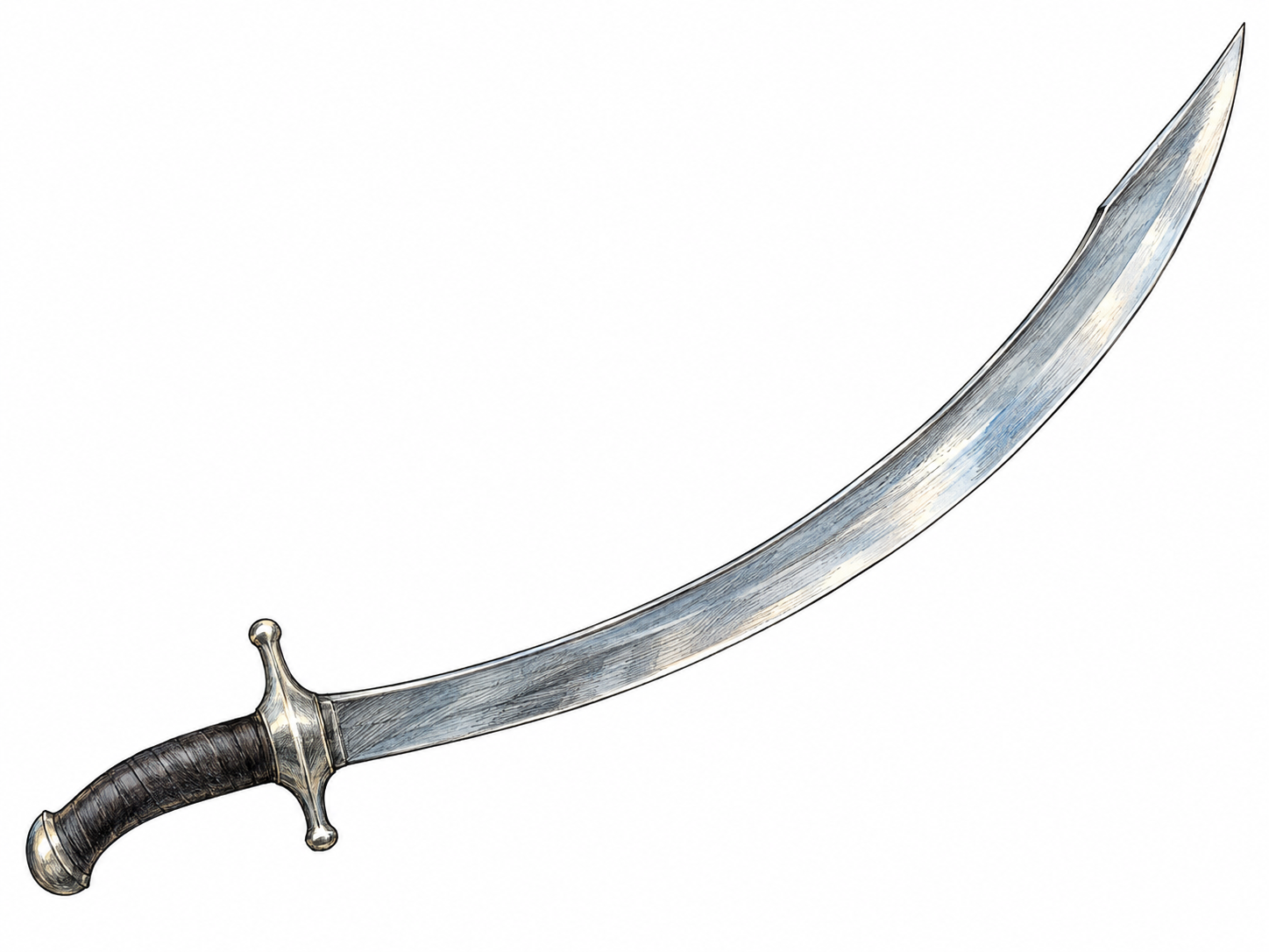 A single unsheathed scimitar shown diagonally on white ground, with its curved single-edged blade, pointed tip, simple crossguard and grip clearly visible.