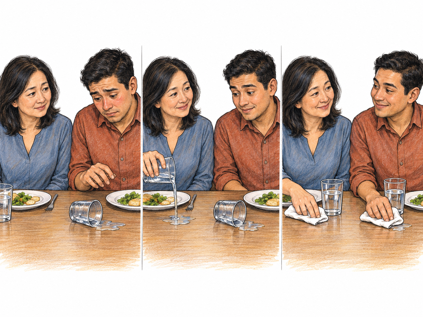 A dinner host tactfully makes a small matching spill after her guest spills water, sparing him the embarrassment of being singled out.