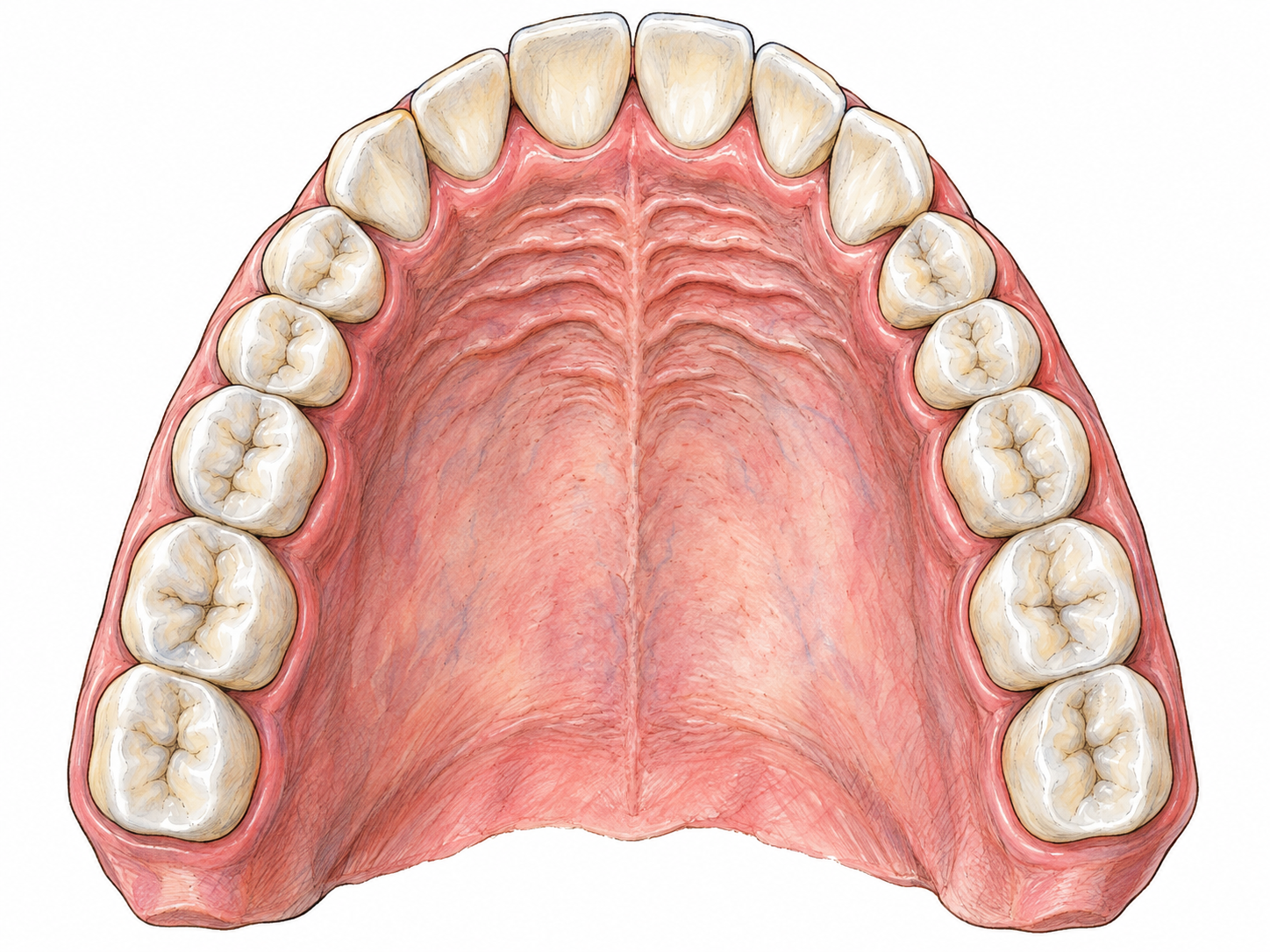 A close underside view of an anatomical upper-mouth model, with the pink vaulted roof of the mouth clearly enclosed by the U-shaped upper dental arch.