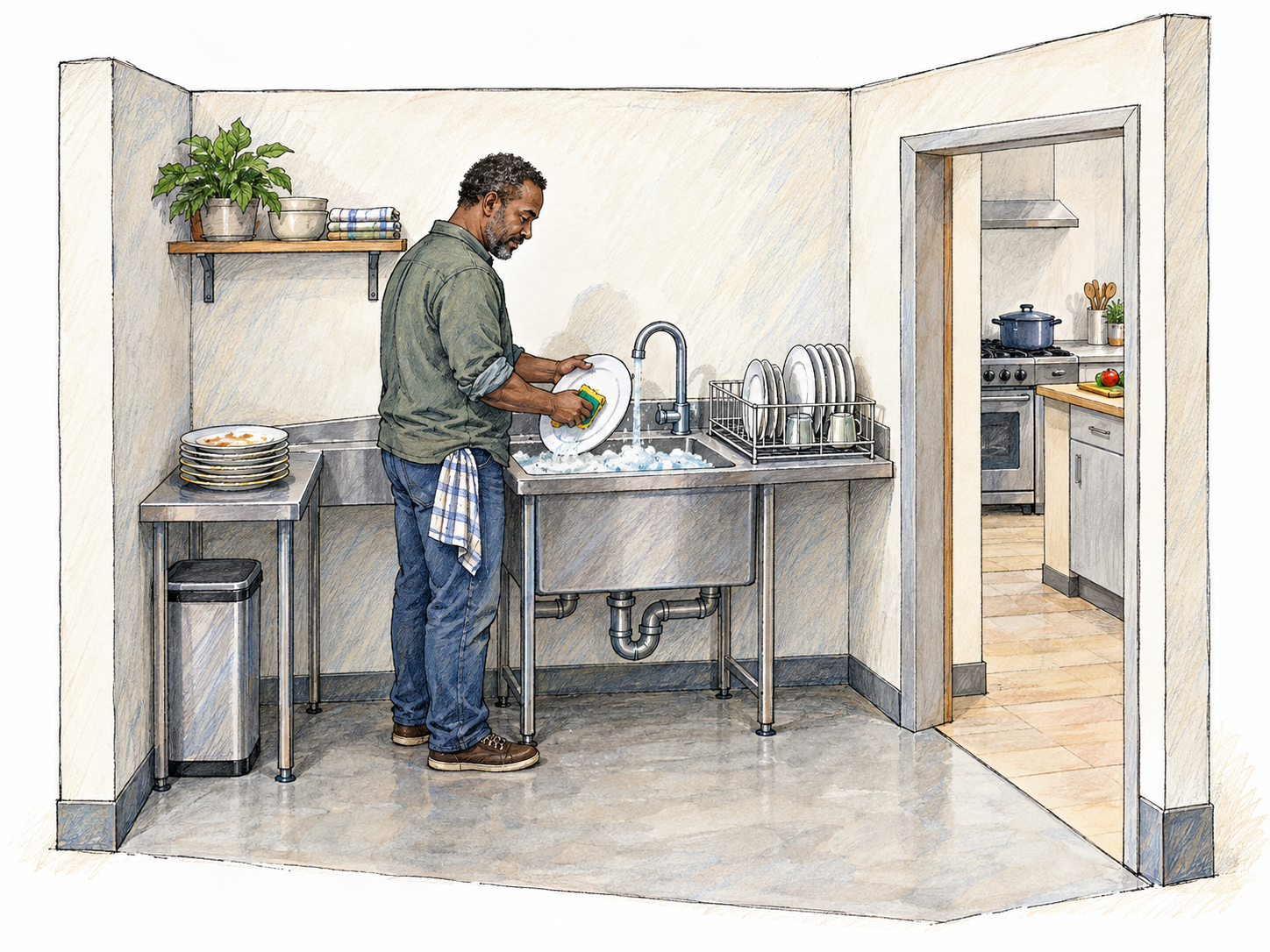 A compact dishwashing room, visibly separate from an adjoining kitchen, with a man washing plates at its deep sink.