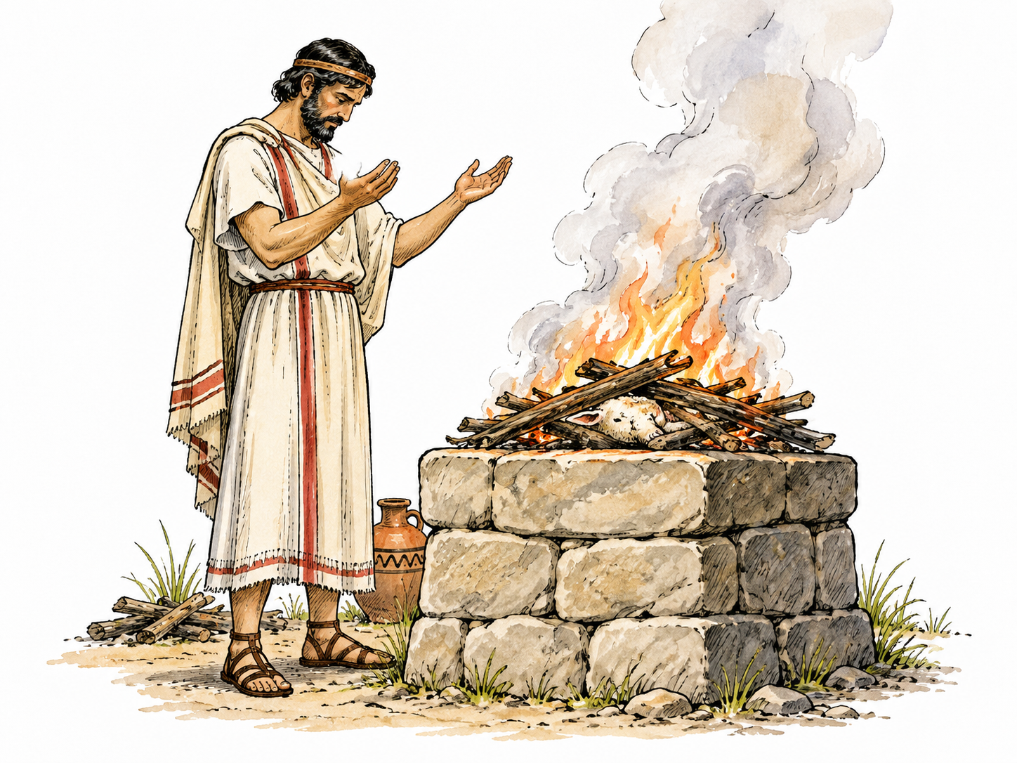 Non-graphic ancient sacrificial ceremony: a small prepared animal offering lies mostly concealed by wood and smoke on a burning outdoor altar, adult officiant stands solemnly beside it.