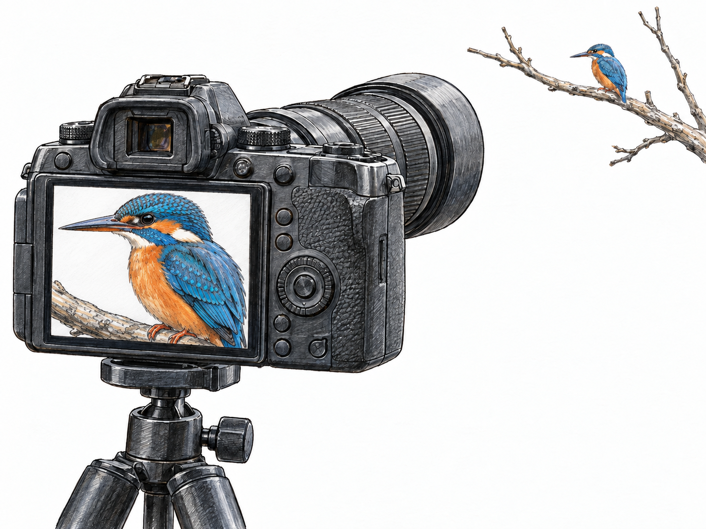 A telephoto camera shows a large close-up of the same small bird visible far away on a branch, making the closer-view sense of zoom concrete.
