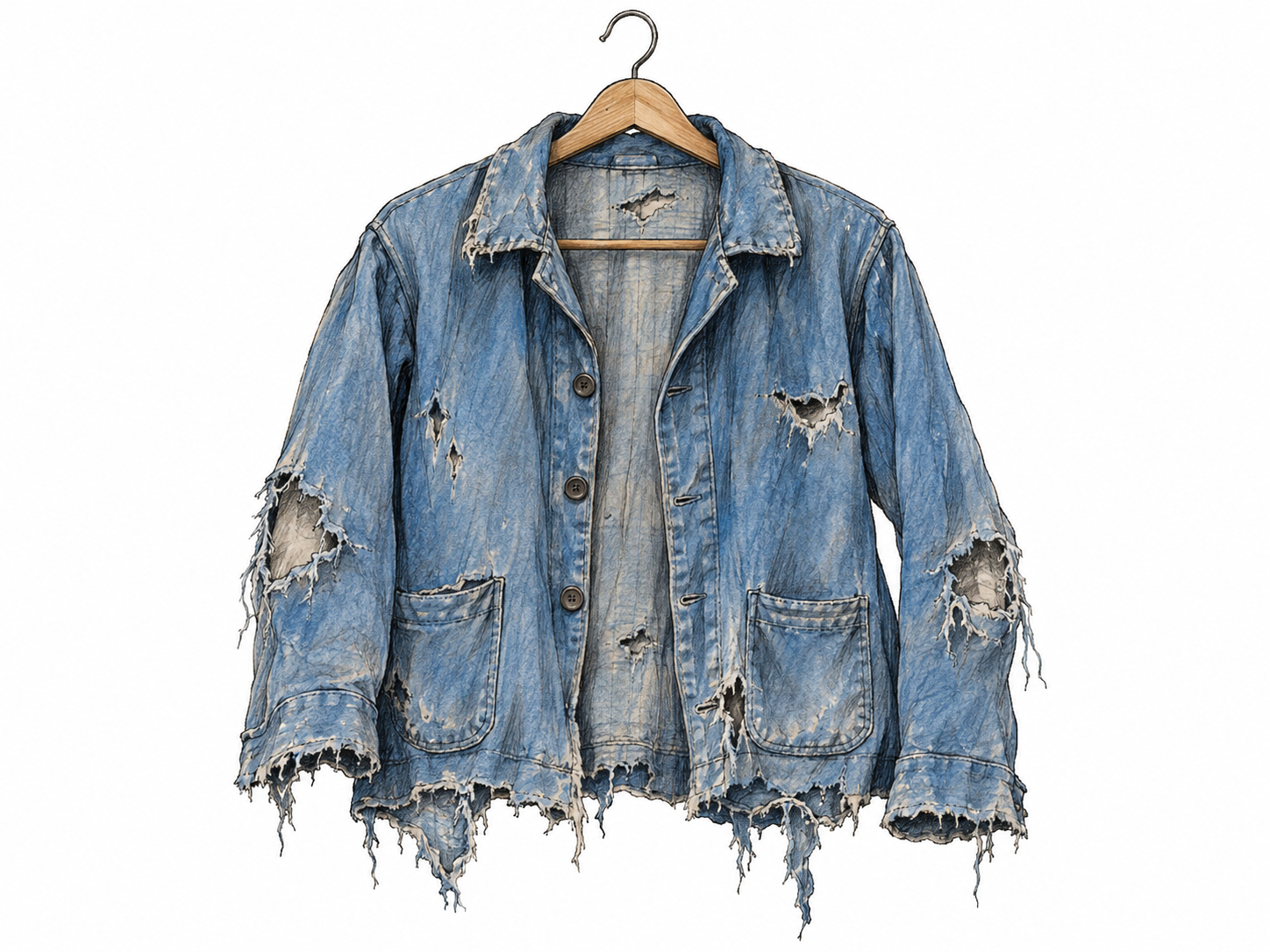 A single worn-out jacket hangs from a plain wooden hanger, its sleeves and hem shredded into ragged strips, with frayed holes and threadbare fabric clearly visible.