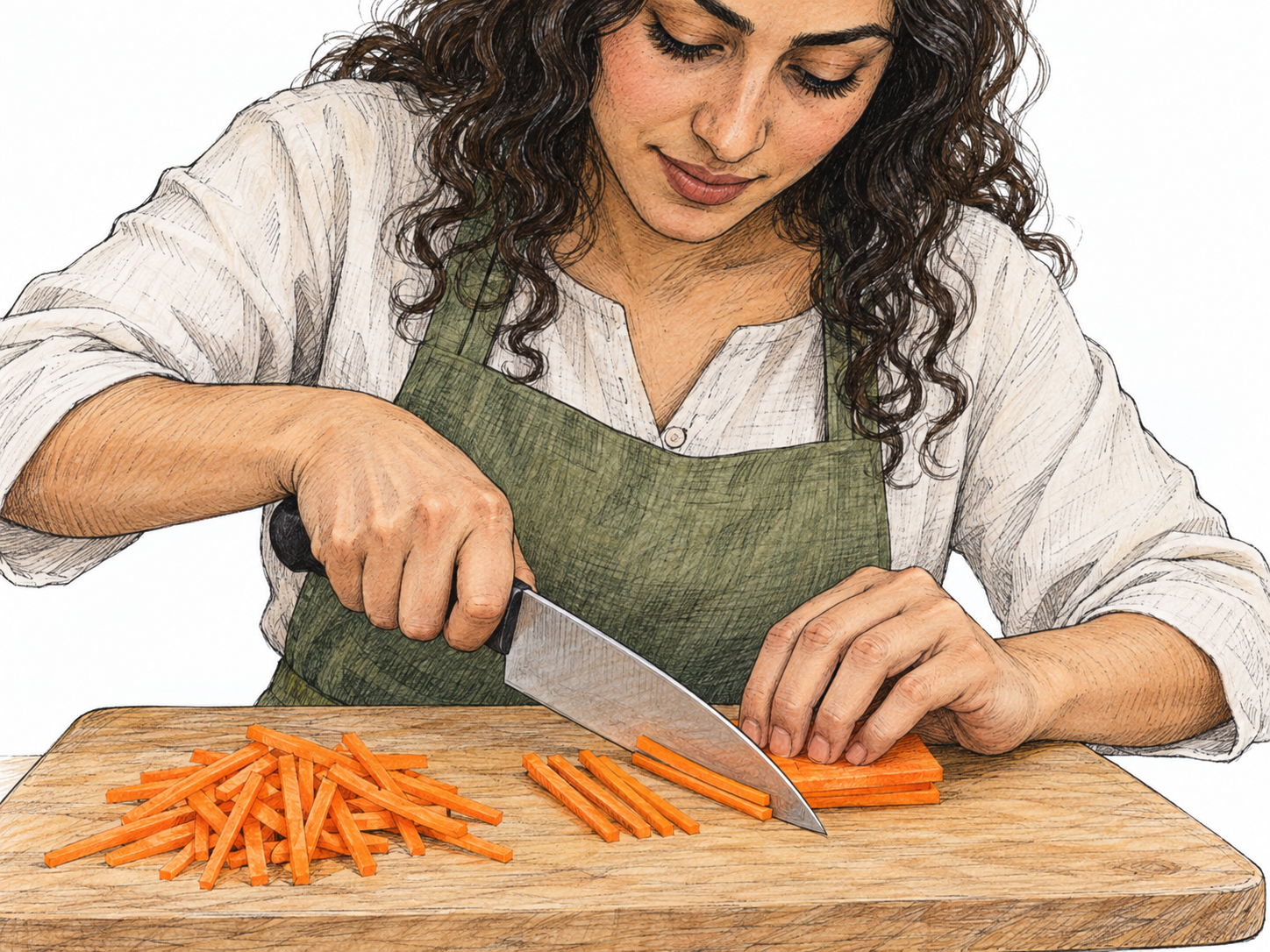 Close view of a cook slicing stacked carrot planks lengthwise into fine, straight matchstick strips.